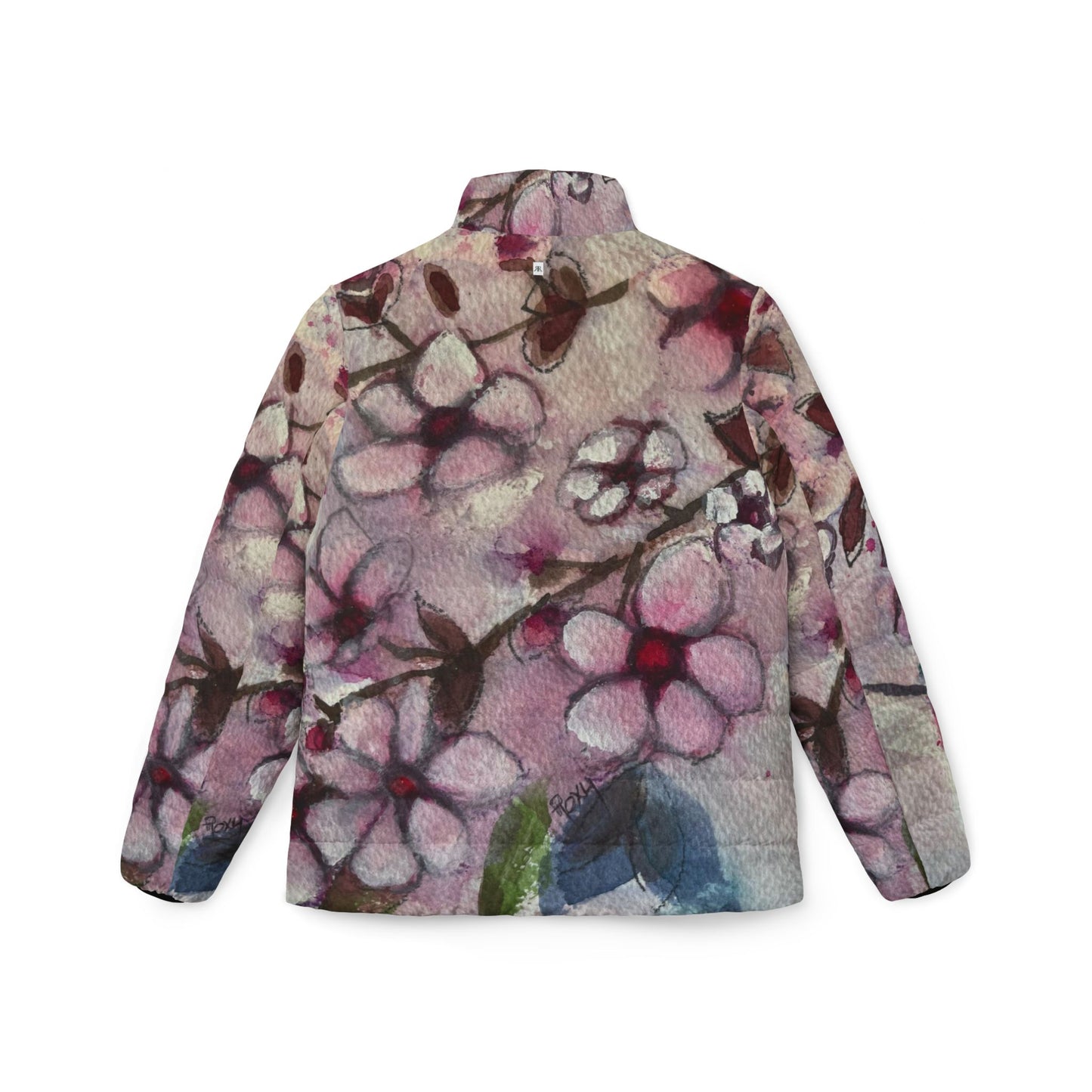Women's Puffer Jacket - Roxy Rich Fine Art Design-Hummingbird in Cherry Blossoms