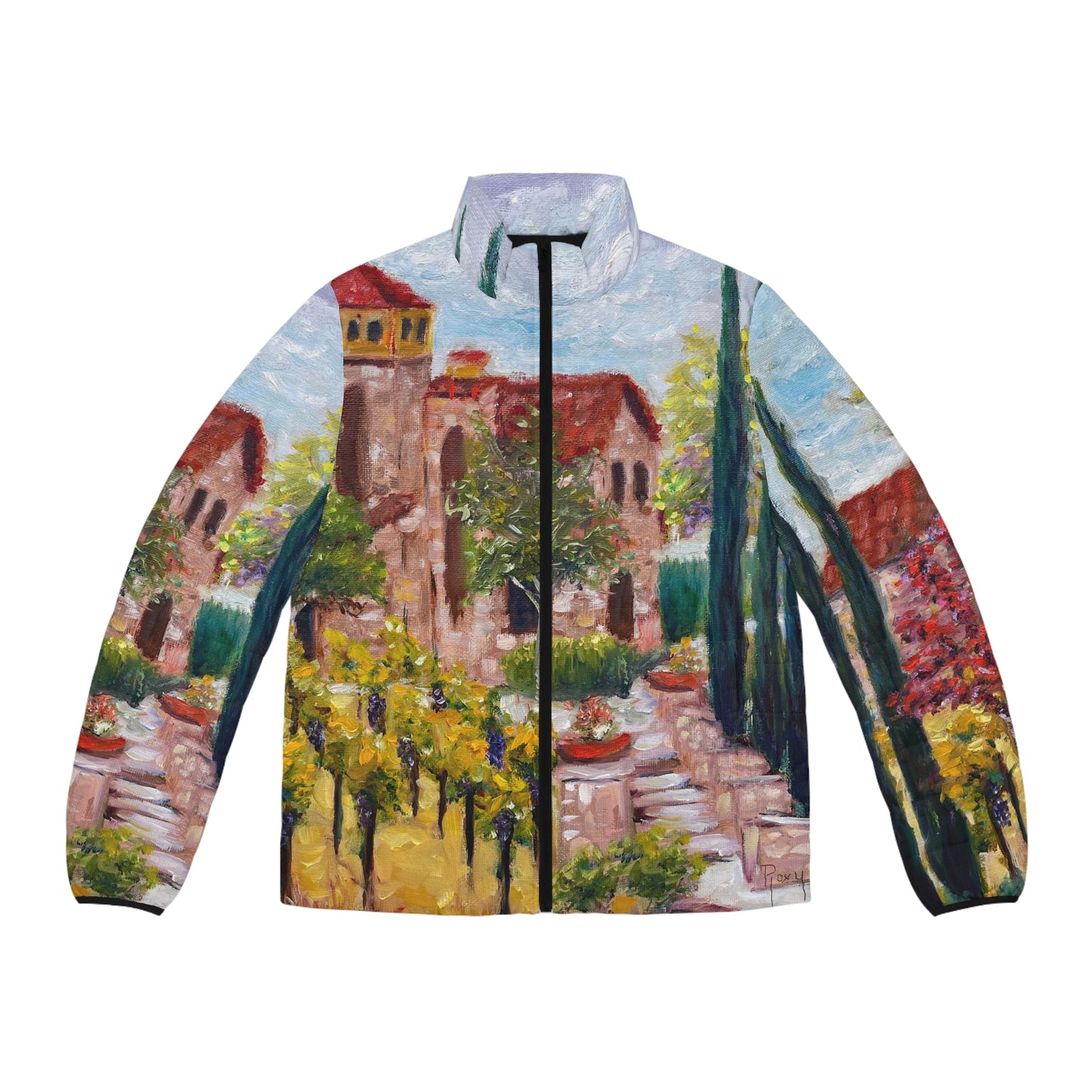 Men's Puffer Jacket - Roxy Rich Art, Unique Bright Colors-Lorimar Winery in Autumn