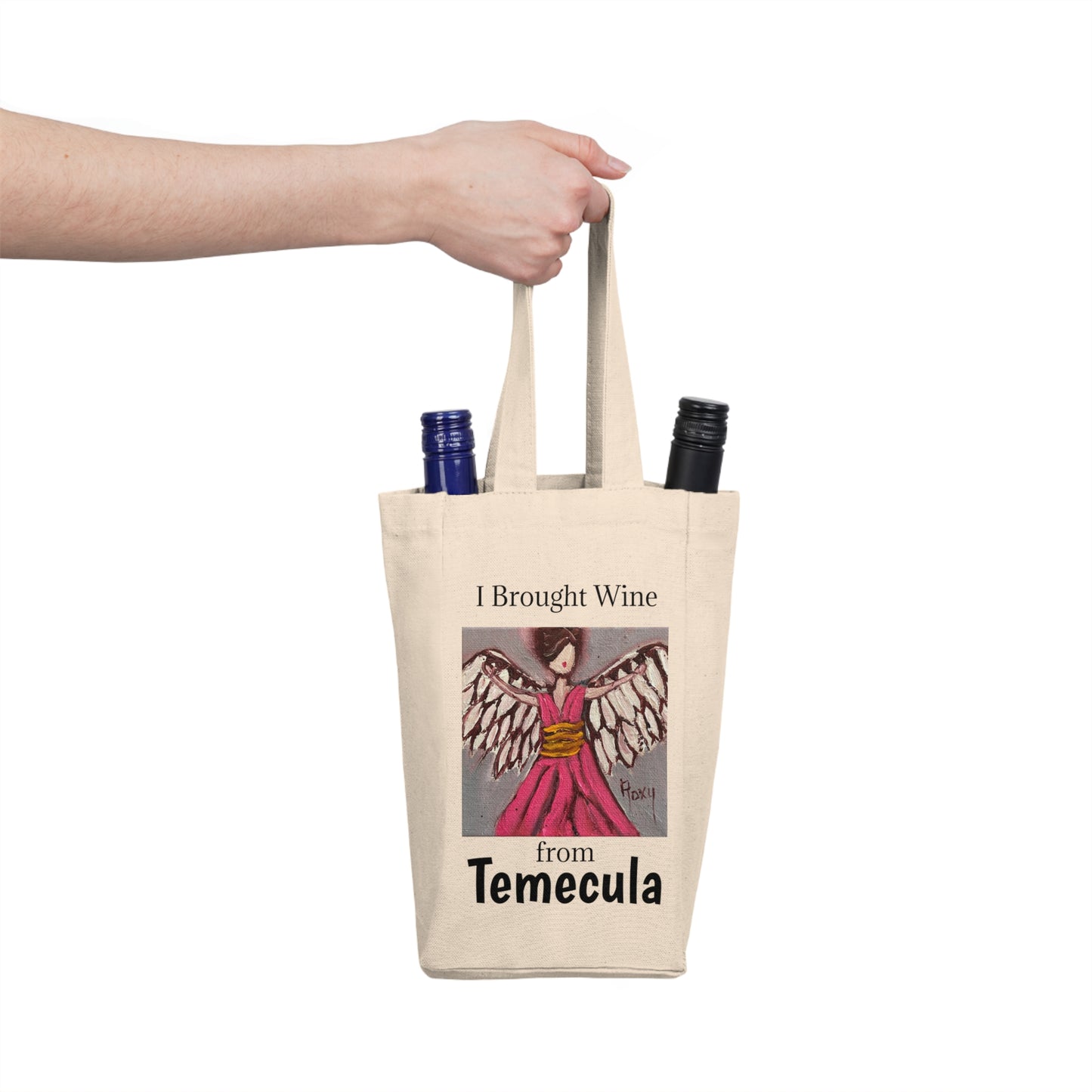 "I Brought Wine from Temecula" Double Wine Tote Bag featuring Pink Angel painting