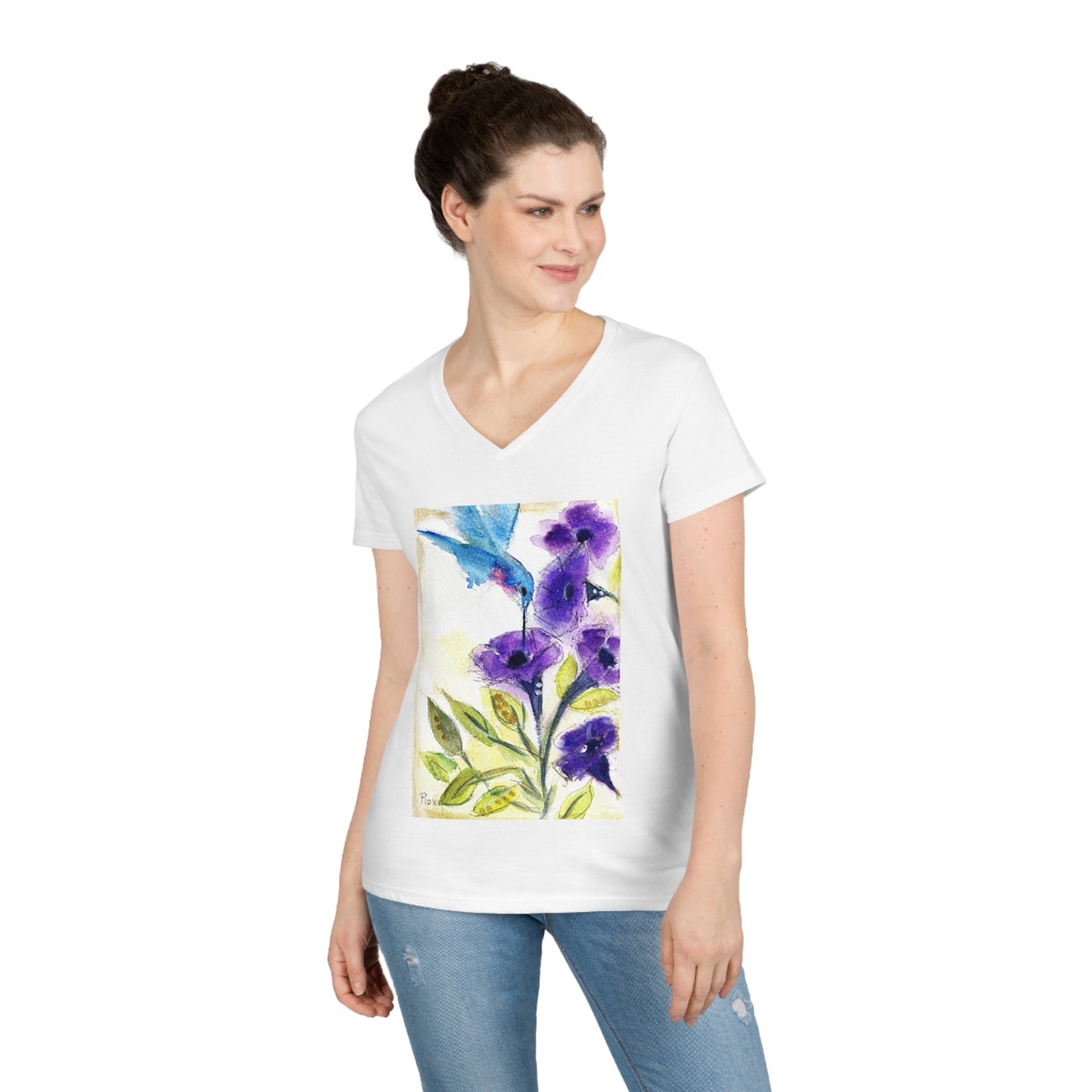 Colibri avec des fleurs en tube violet T-shirt col en V pour femme