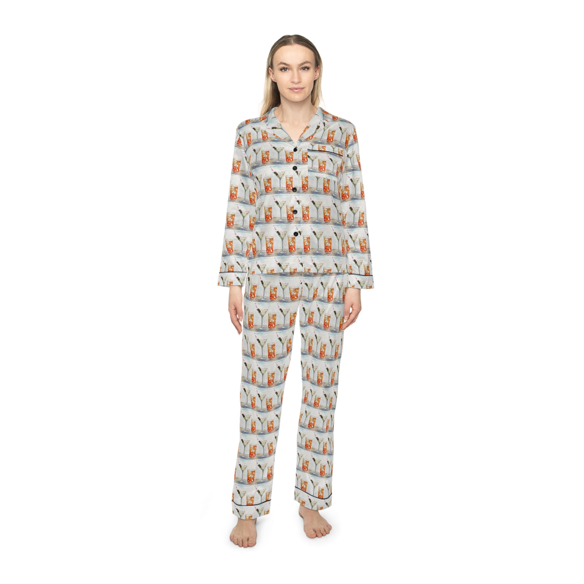 Satin Pajamas — Luxurious Silky Sleepwear Set- Beach Cocktails Martini