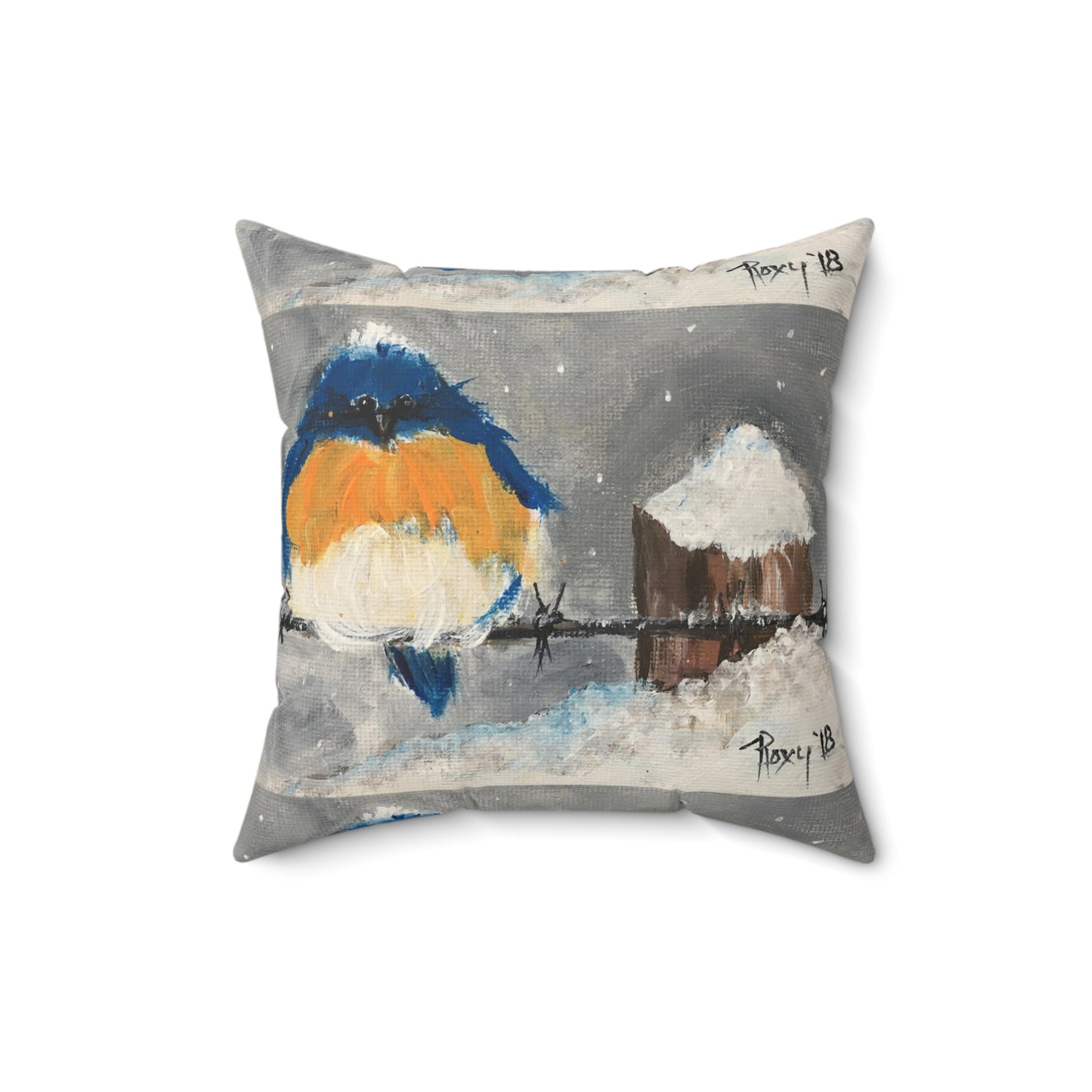 Fat Fluffy Bluebird perched on Snowy Barbed Wire Indoor Spun Polyester Square Pillow
