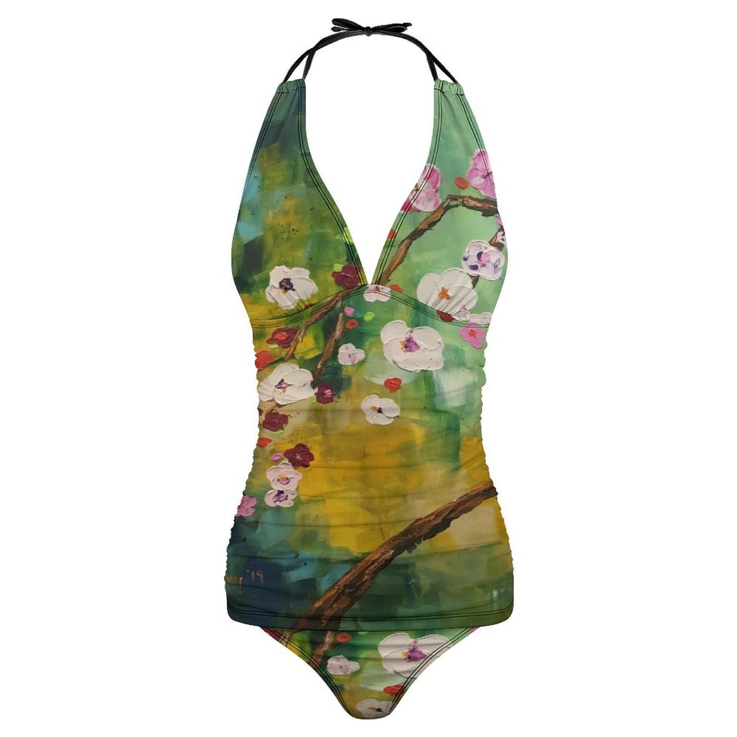 Abstract Cherry Blossoms Slim Fit Tankini Split Swimsuit