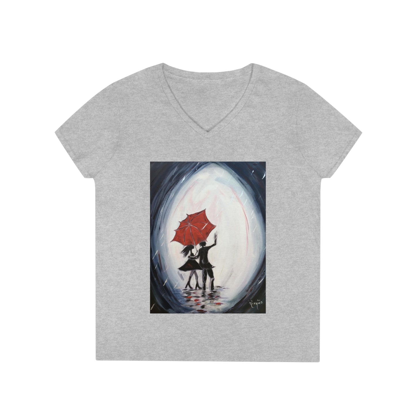 Romantic Couple in Paris "Walking in the Rain" Ladies' V-Neck T-Shirt