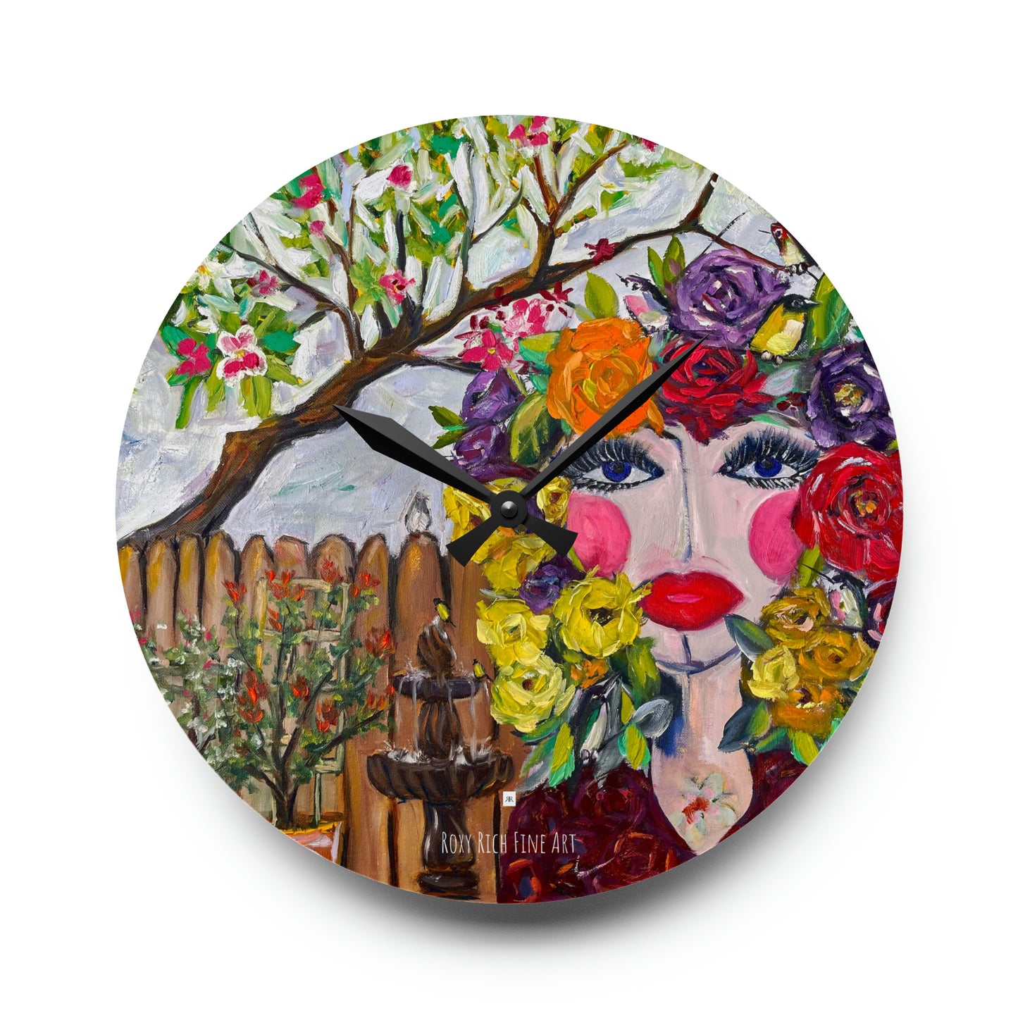 Horloge murale en acrylique oiseaux et fleurs