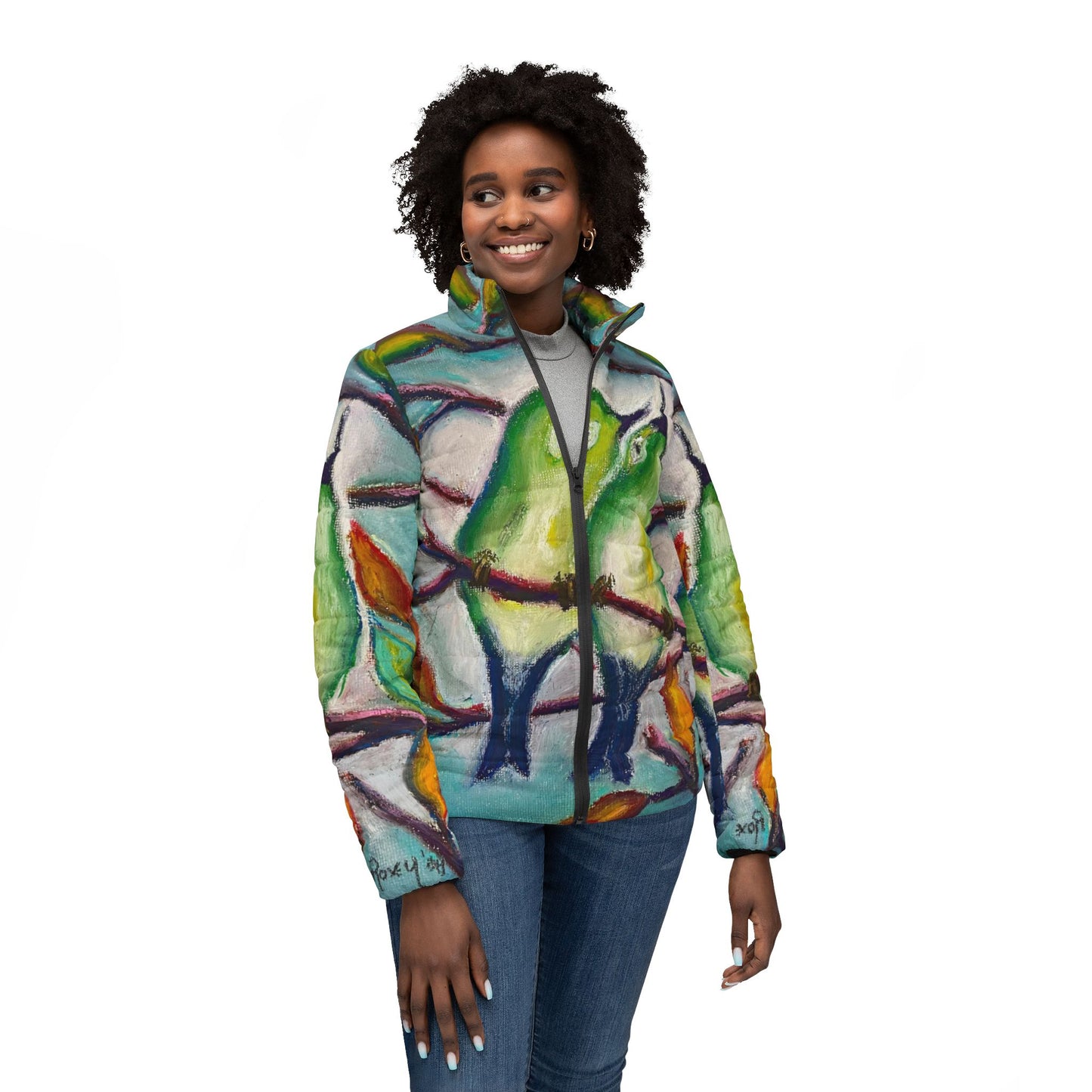 Women's Puffer Jacket - Roxy Rich Fine Art -Cuddling Warblers