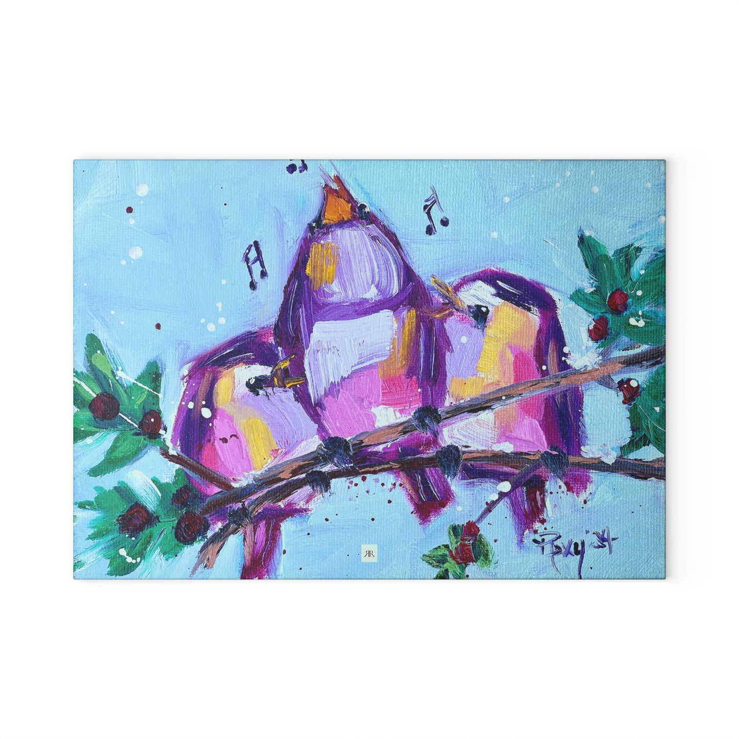 Glass Cutting Board-Fa La La-Whimsical Singing Birds Perched on a Snowy Branch with Berries