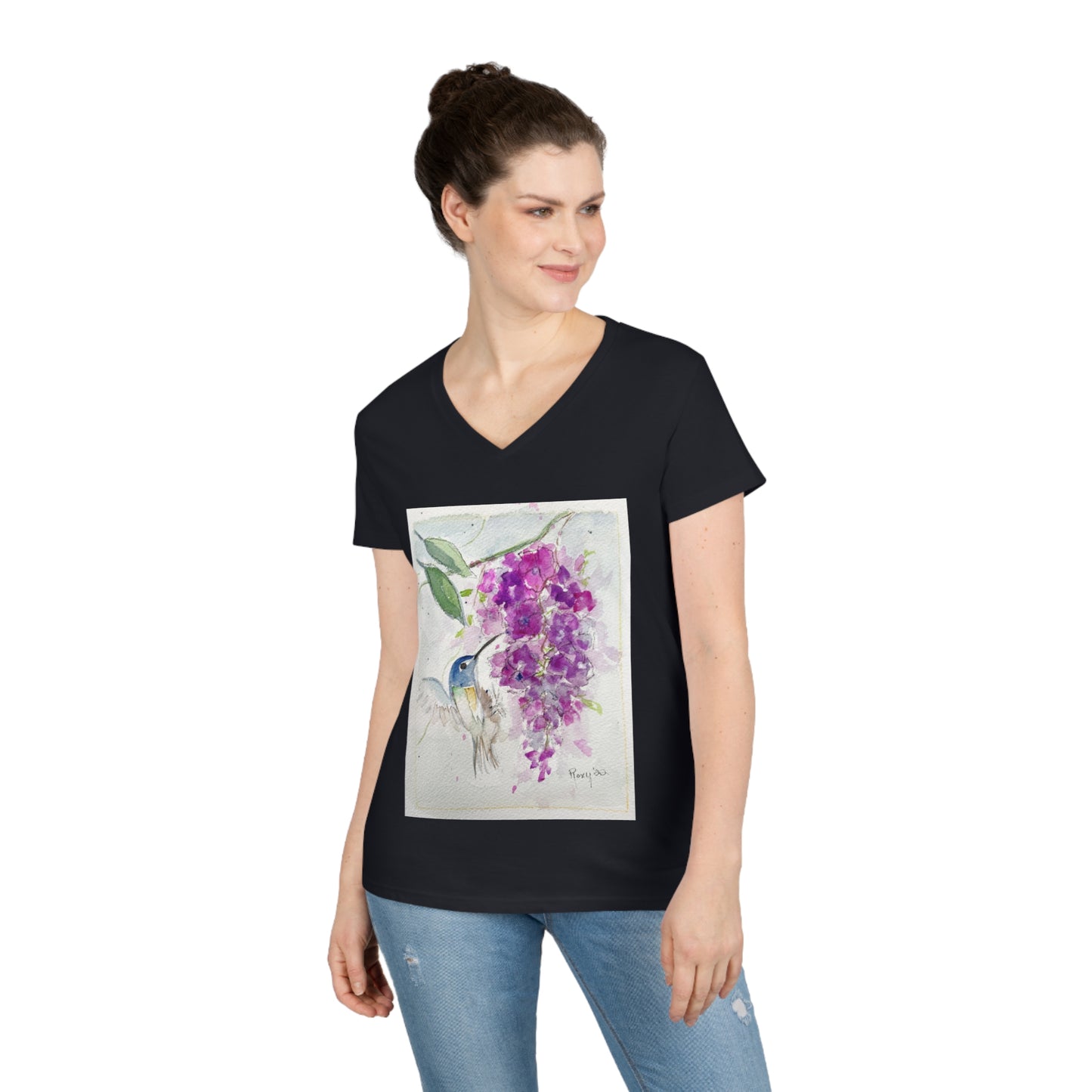Floaty Hummingbird in Pink Wisteria Ladies' V-Neck T-Shirt