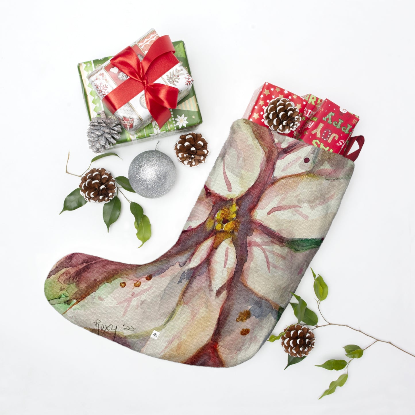 Elegant White Poinsettia Christmas Stocking