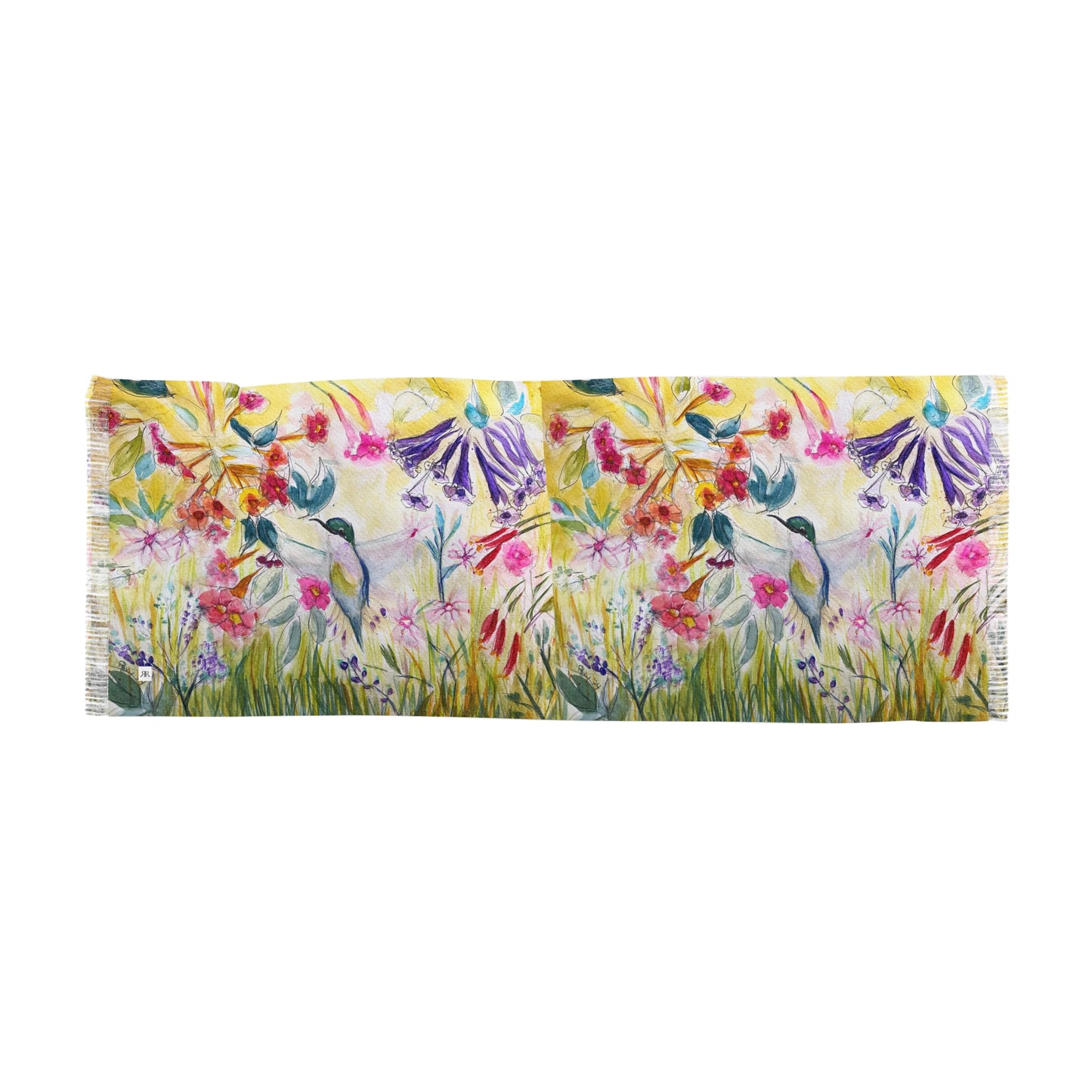 Colorful Scarf — Artistic Lightweight Neck Wrap- Hummingbird in a Tube Flower Garden