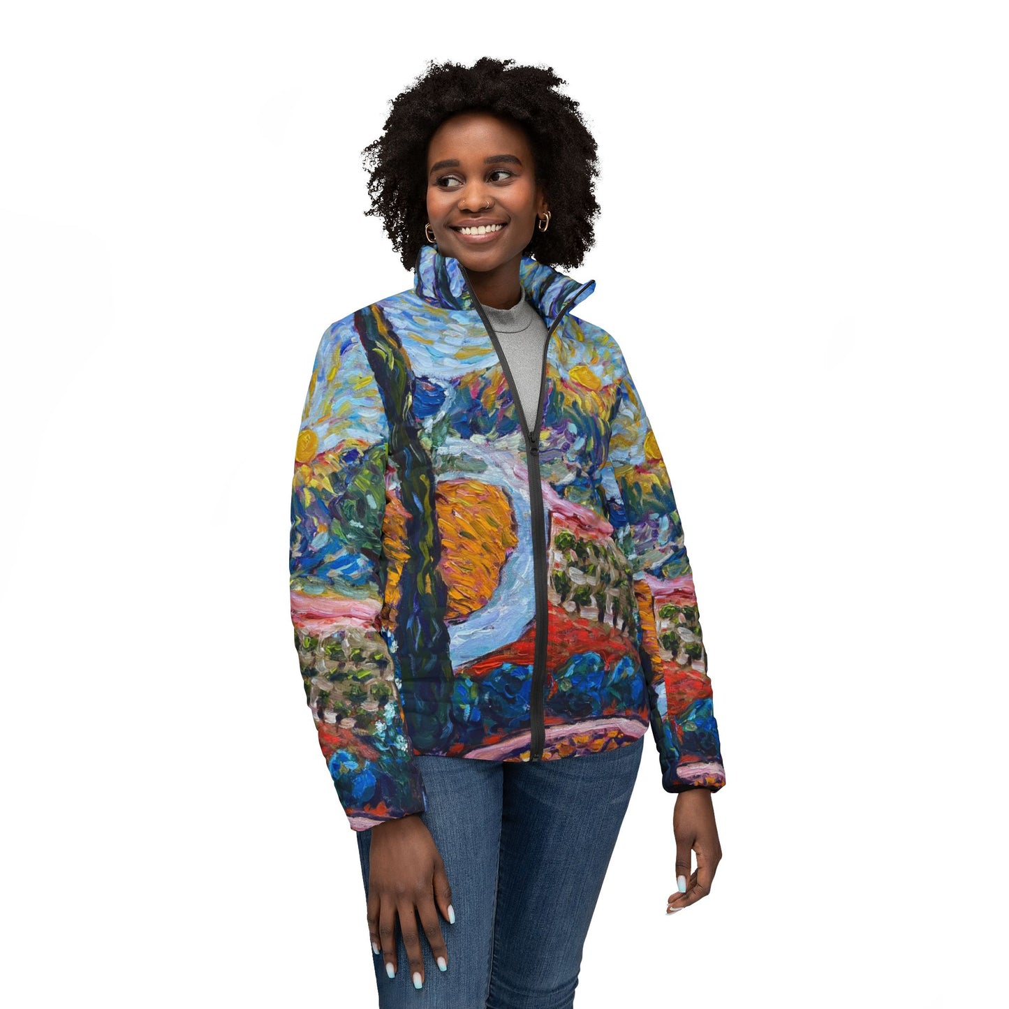 Women's Puffer Jacket - Roxy Rich Fine Art Design-Sunny Cypresses