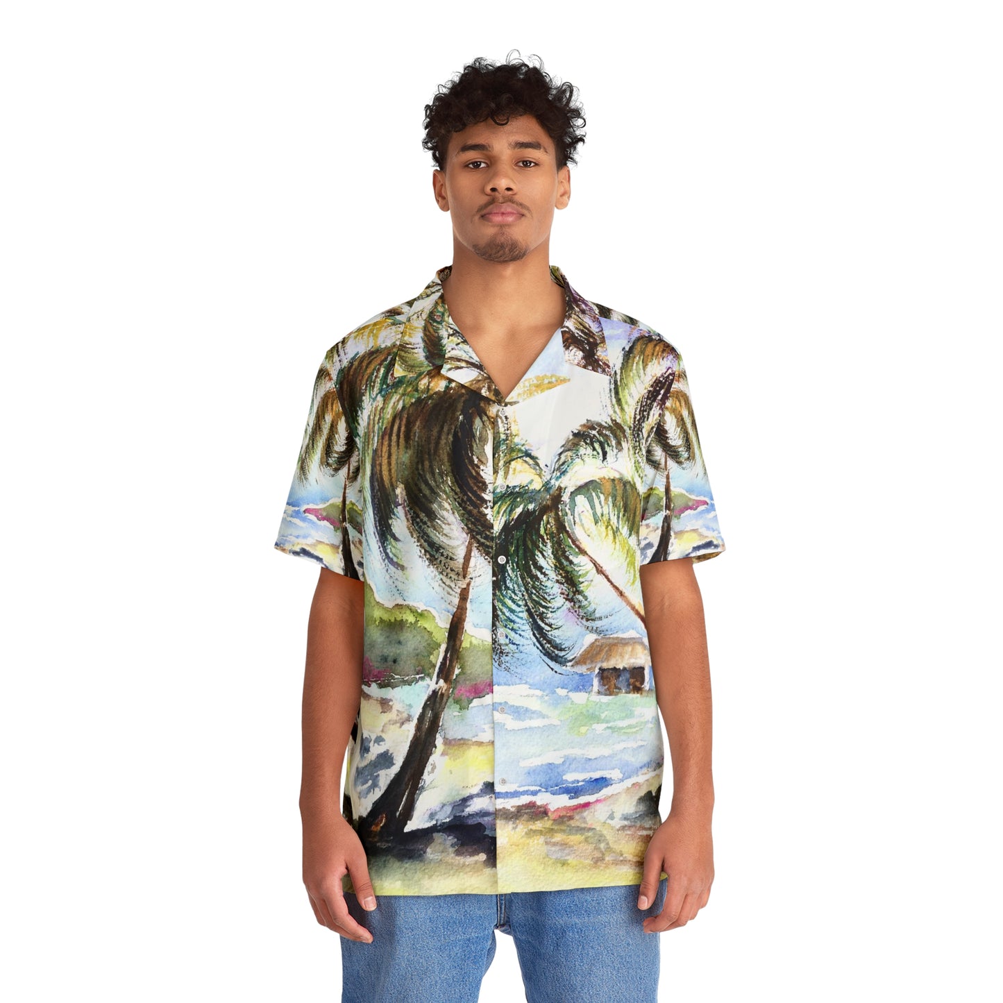 Hawaii espera palmeras originales Hawaiin acuarela paisaje camisa hawaiana para hombre