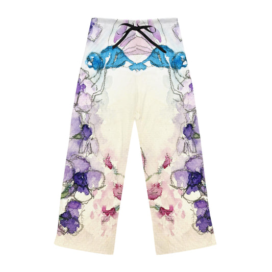 Pajama Pants - Blue Dragonfly with Purple Tube Flowers- Women's Pajama Pants