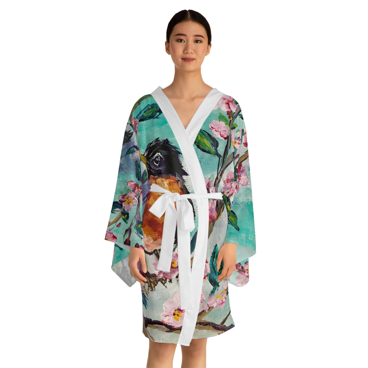Kimono Robe -American Robin in Cherry Blossoms