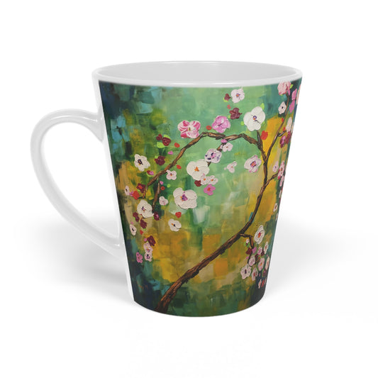 Fleurs de cerisier abstraites « Bonjour, ma belle ! » Tasse à café au lait, 12oz