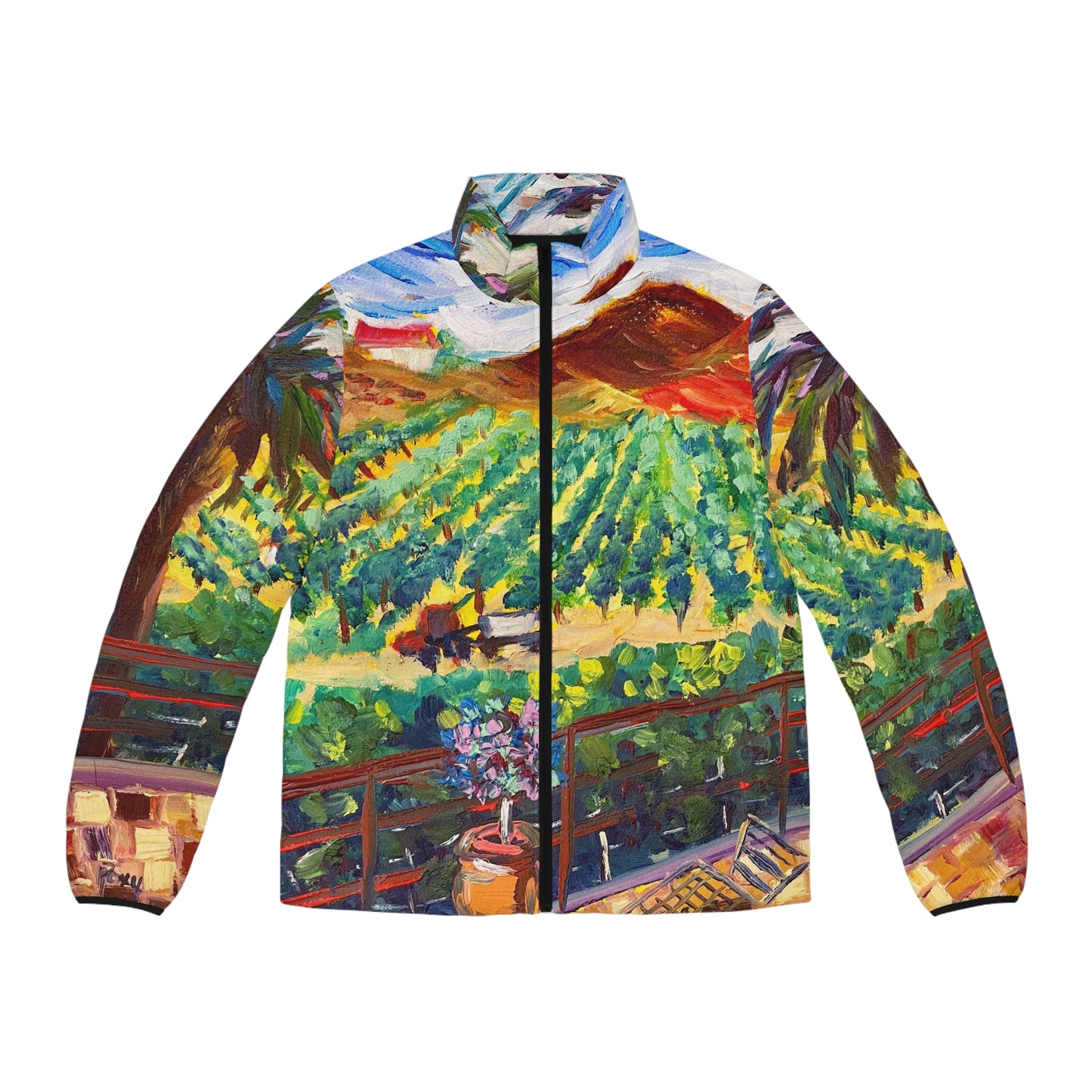 Men's Puffer Jacket - Roxy Rich Art, Unique Bright Colors-Vineyard View at Chapin