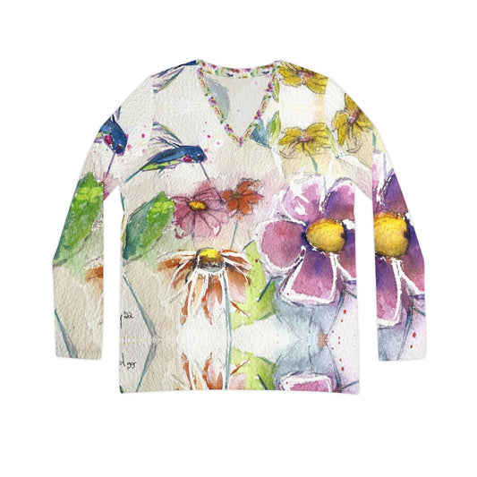 Long Sleeve Shirt- Hummingbird in the Garden- V-neck Women's