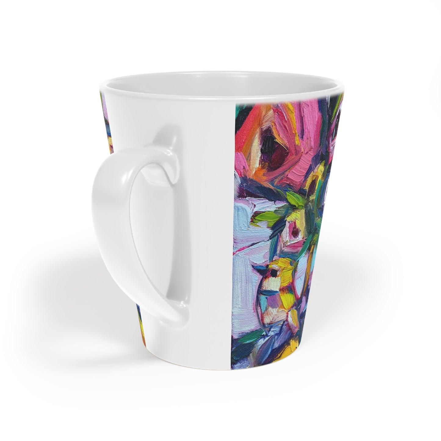 Abstract Roses and Yellow Tit Bird "Good Morning!" Latte Mug, 12oz