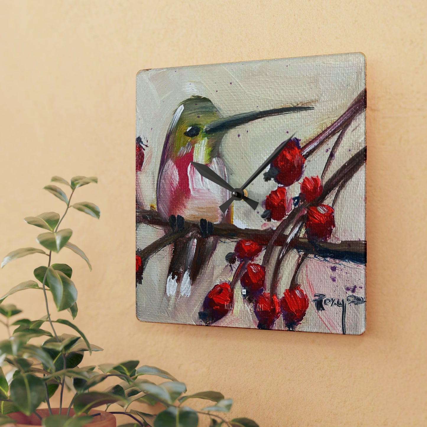 Hummingbird with Berries Acrylic Wall Clock