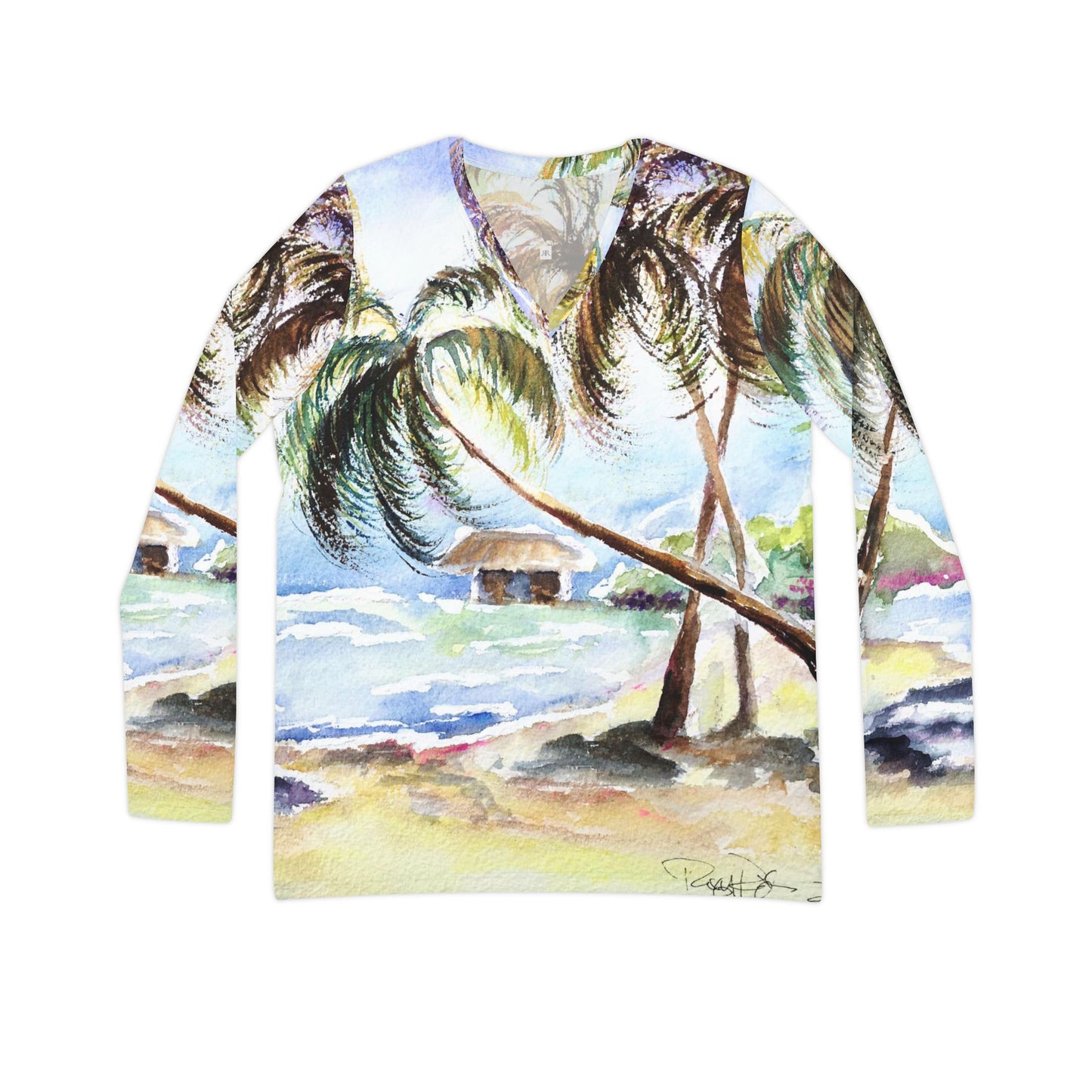 Long Sleeve Shirt-Hawaii Awaits Palm Trees V-neck Women's