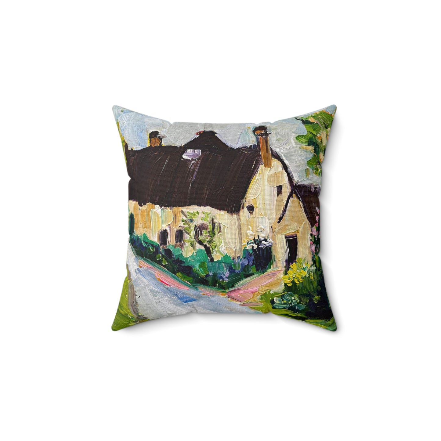 Almohada cuadrada de poliéster hilado para interiores con encanto de Cotswolds Village