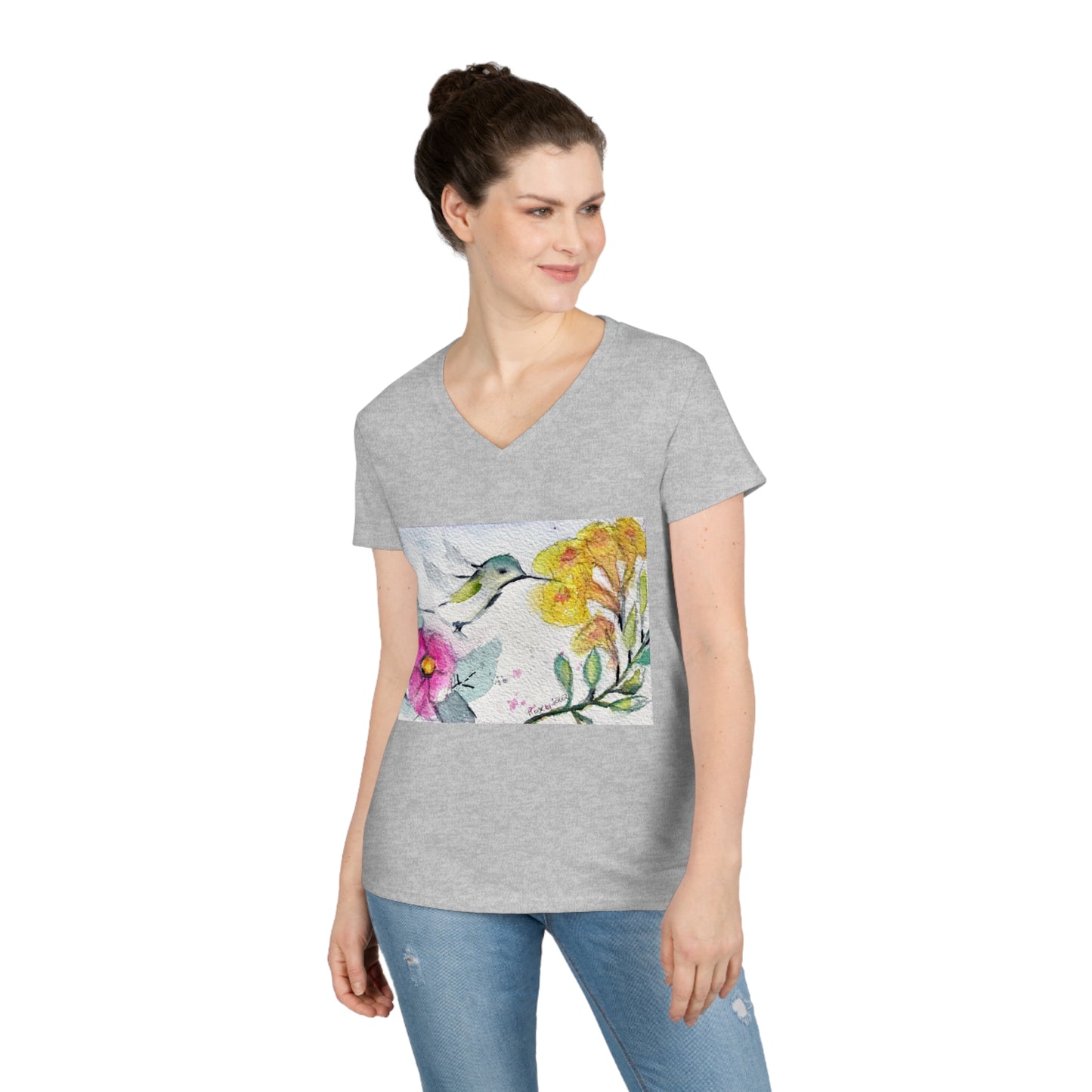 Hummingbird with Yellow Tube Flowers Ladies' V-Neck T-Shirt