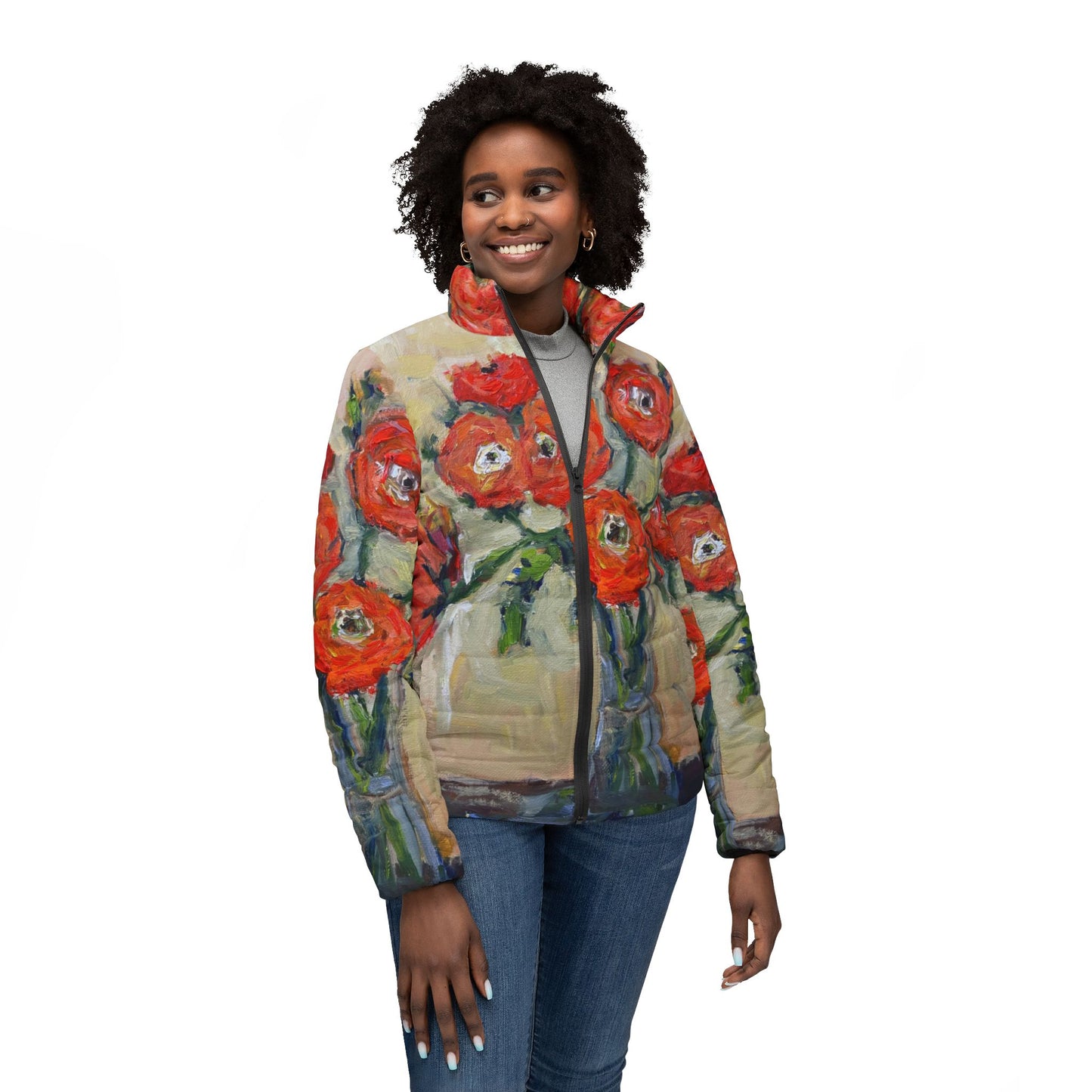 Women's Puffer Jacket - Roxy Rich Fine Art -Orange Ranunculas