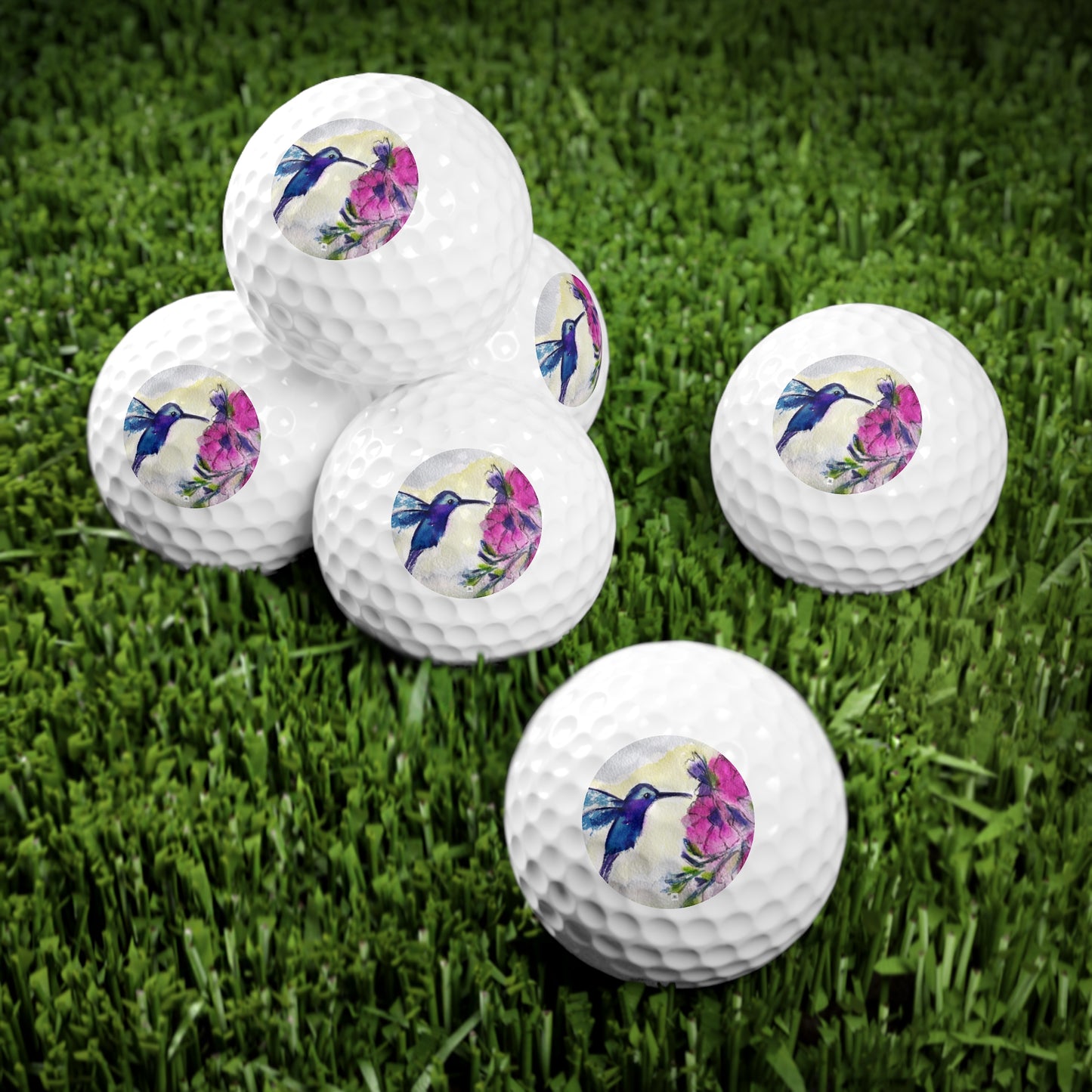 Golf Balls, 6pcs- Hummingbird with Pink Flowers