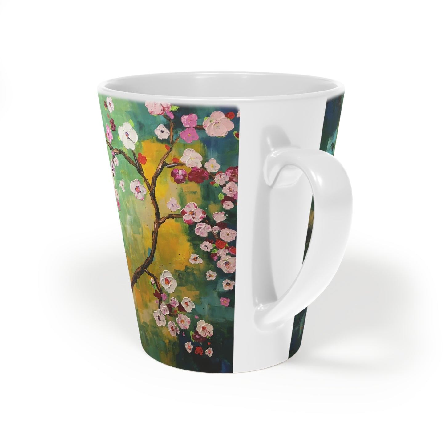 Fleurs de cerisier abstraites « Bonjour, ma belle ! » Tasse à café au lait, 12oz