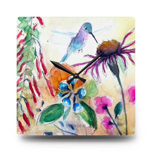 Reloj de pared acrílico de colibrí sobre un arbusto de equinácea 