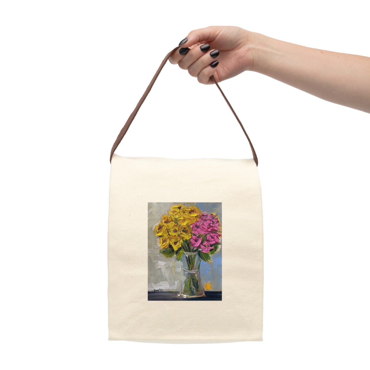 Pink and Yellow Roses Canvas Lunch Bag With Strap