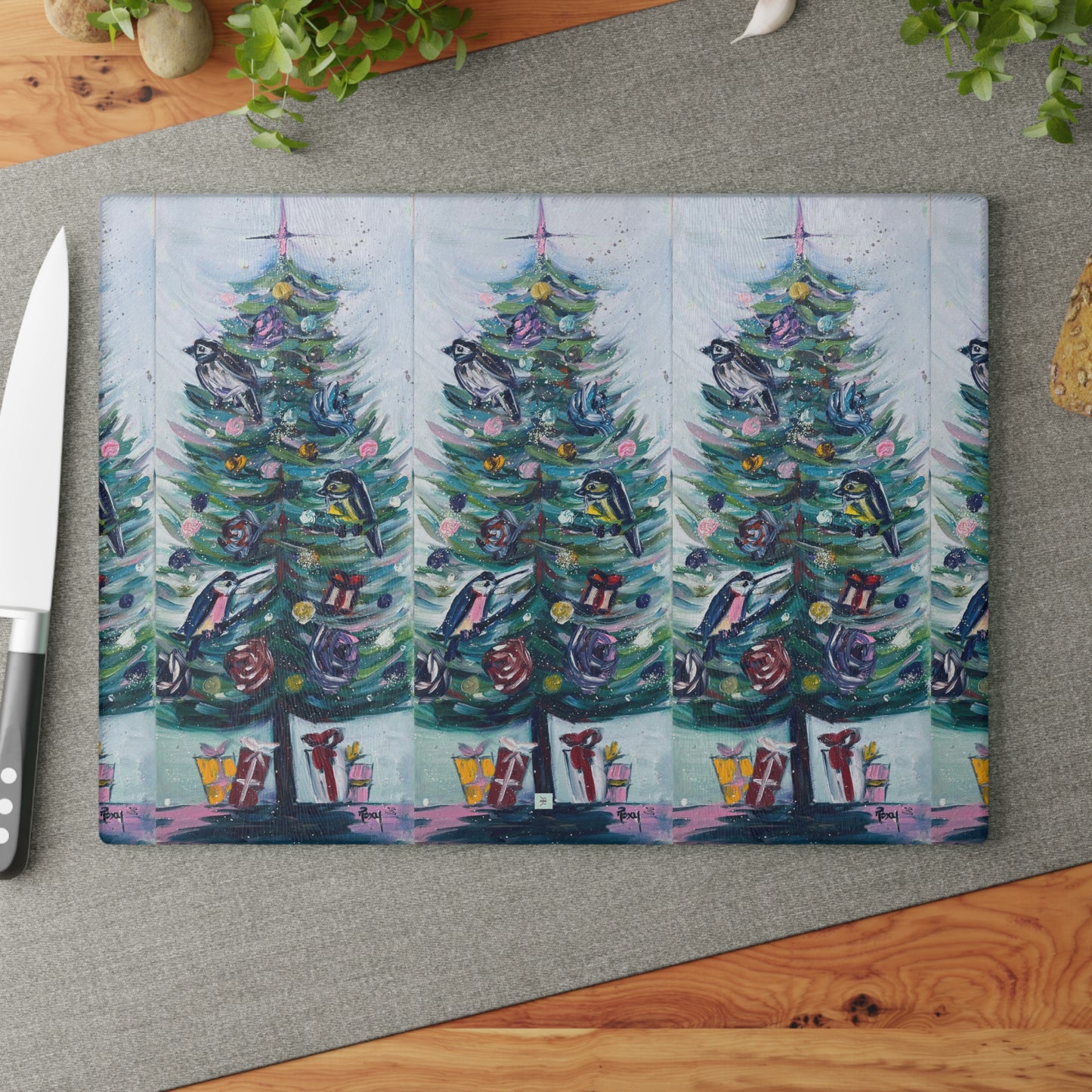 Festive Feathers-Birds in a Christmas Tree Glass Cutting Board