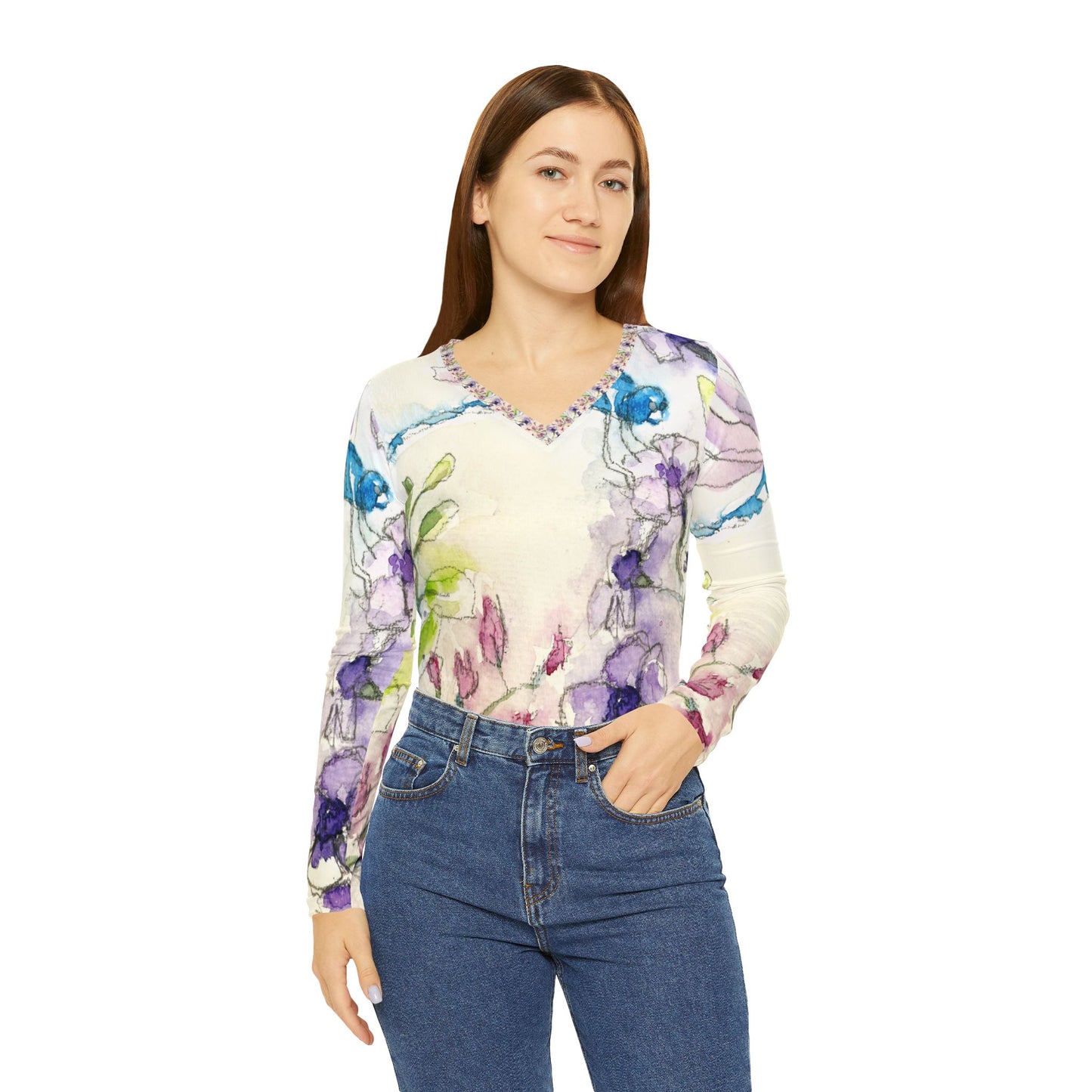 Long Sleeve Shirt- Blue Dragonfly with Purple Tube Flowers- V-neck Women's