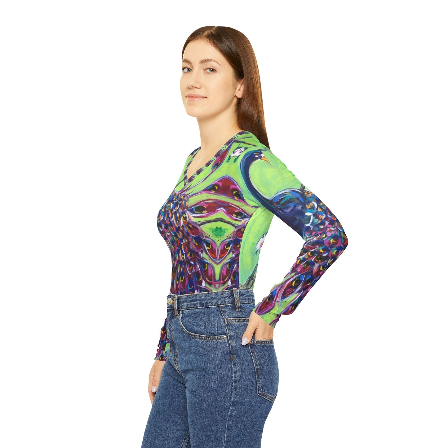 Long Sleeve Shirt- Royal Plumage Peacock- V-neck Women's