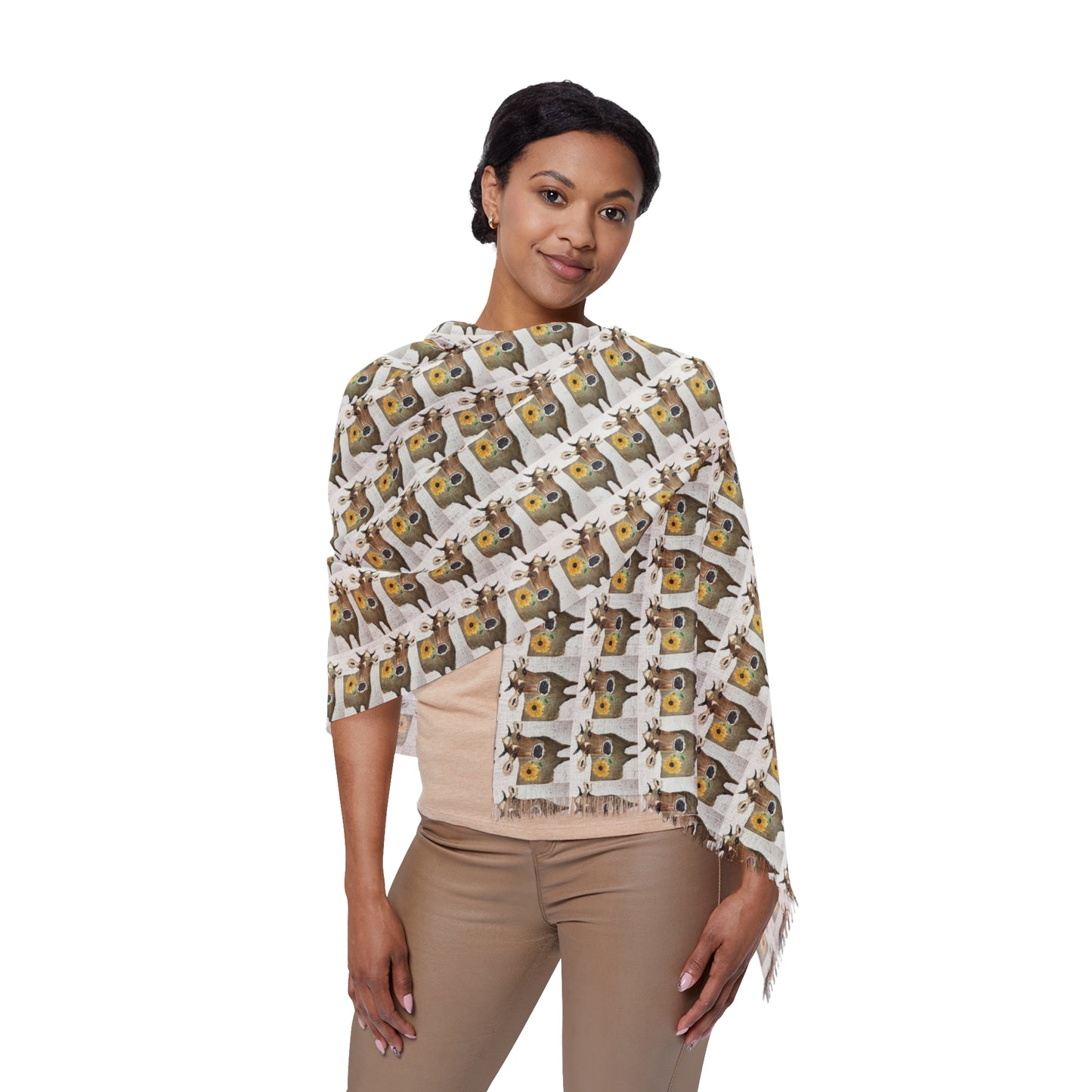 Colorful Scarf — Artistic Lightweight Neck Wrap- Bonnie Cow -Adorable Cow with Small Horns and Sunflower