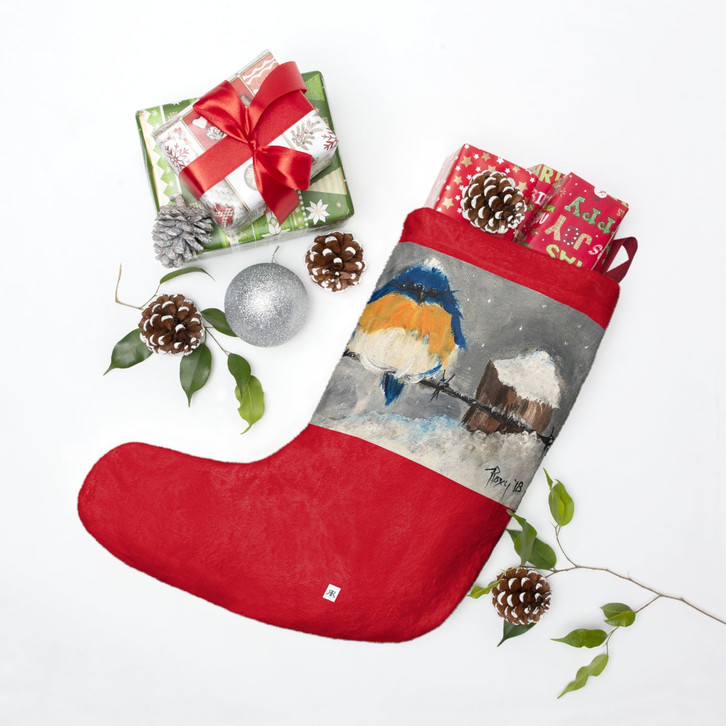 Fluffy Fat Bluebird in Snow Christmas Stocking