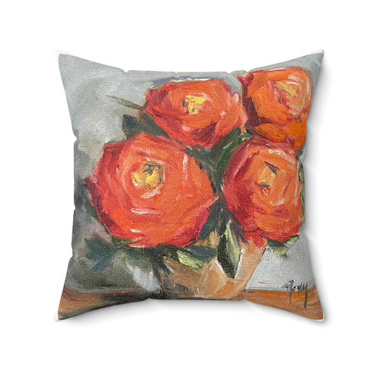Coussin carré en polyester filé d'intérieur élégant avec roses orange