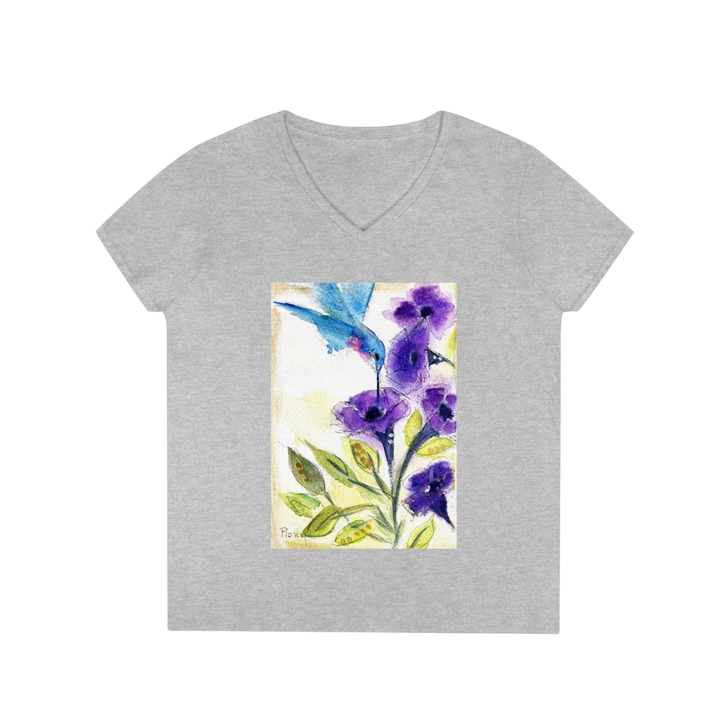Hummingbird with Purple Tube Flowers Ladies' V-Neck T-Shirt