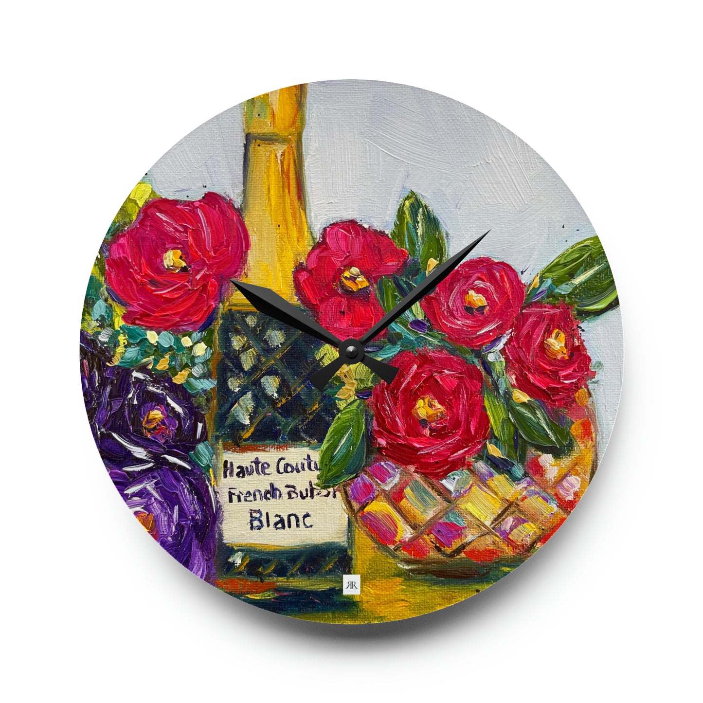 Français Bulles-Champagne et Roses- Horloge murale en acrylique 