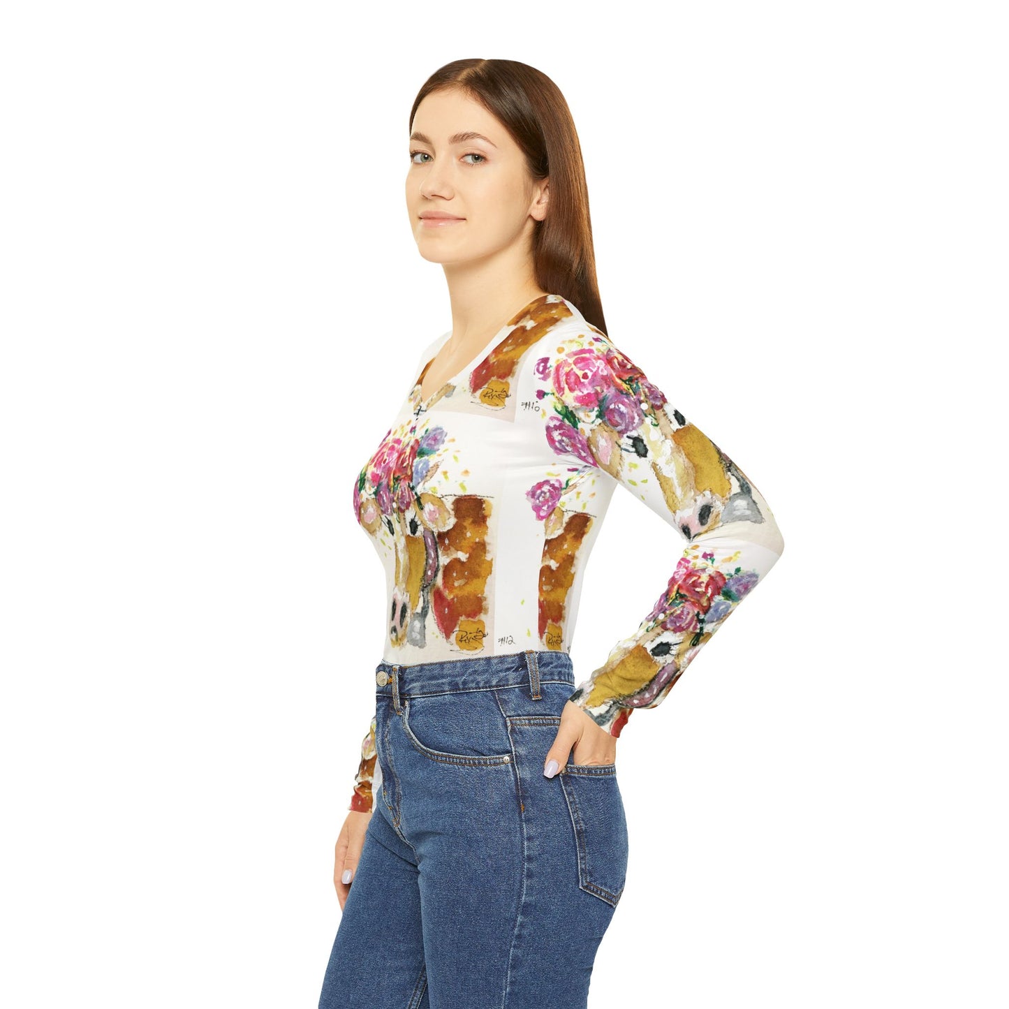 Long Sleeve Shirt-Adorable Cow with Flowers on its Head- V-neck Women's