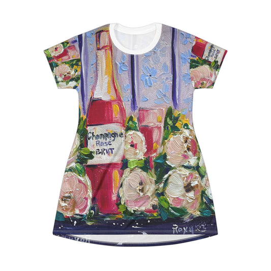 T-Shirt Dress (AOP)-Pink Champagne and Peonies