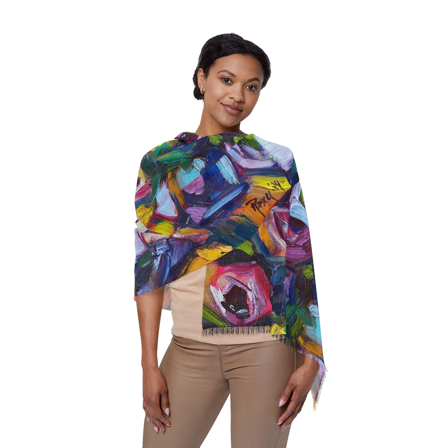 Colorful Scarf — Artistic Lightweight Neck Wrap- Roses and Tit Bird