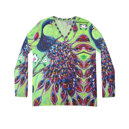 Long Sleeve Shirt- Royal Plumage Peacock- V-neck Women's