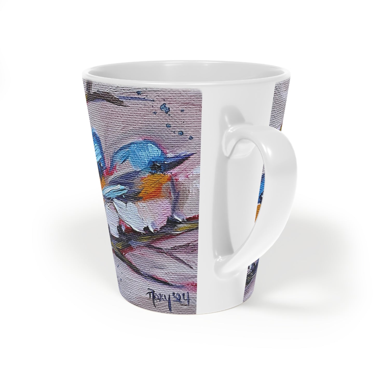 Taza con leche con diseño de pájaros azules, 12 onzas