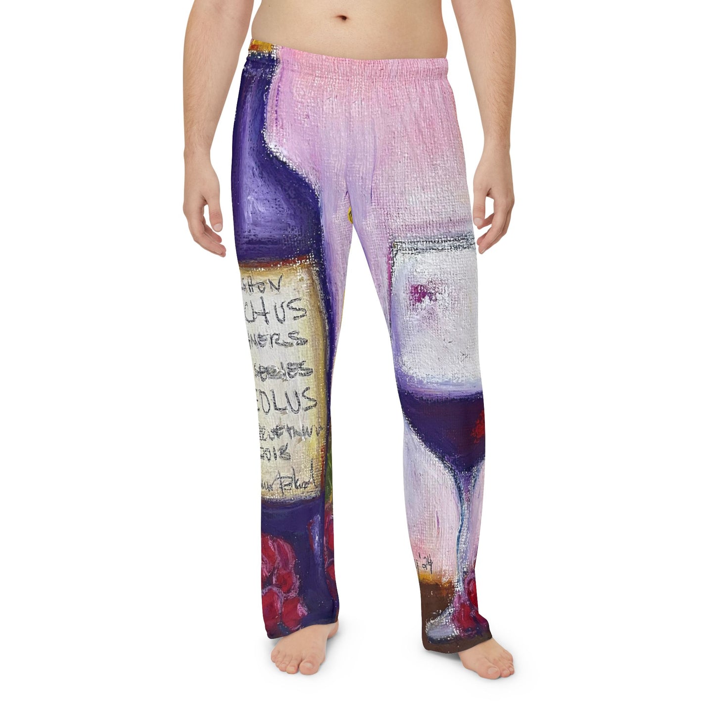 Men's Pajama Pants featuring Roxy Rich GBV Aeolus Wine Bottle and Clique Glass - Fun Travel Wear