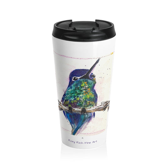 Adorable taza de viaje de acero inoxidable con colibrí de vientre pulido 