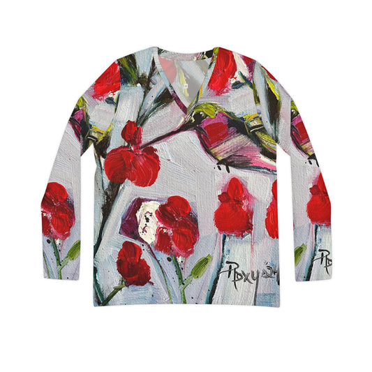 Long Sleeve Shirt-Hot lips Hummingbird- V-neck Women's