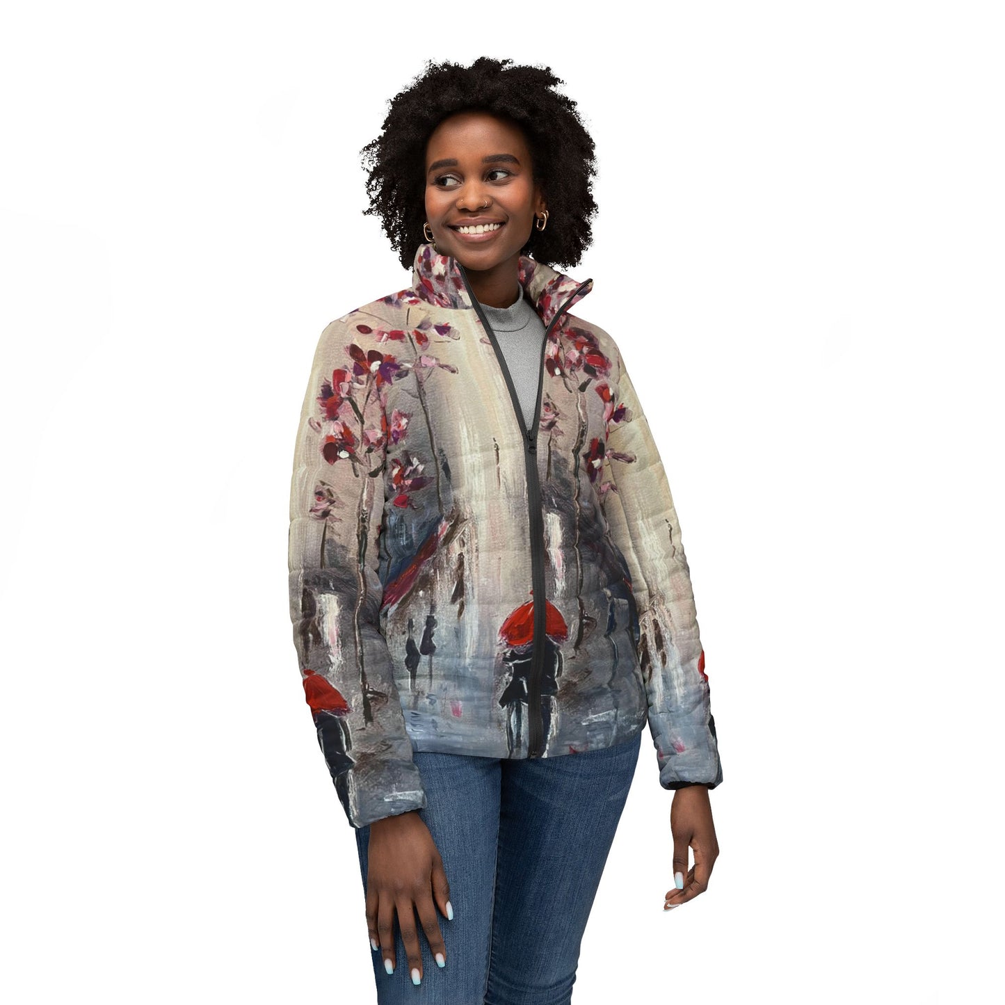 Women's Puffer Jacket - Roxy Rich Fine Art -Strolling-Paris Couple