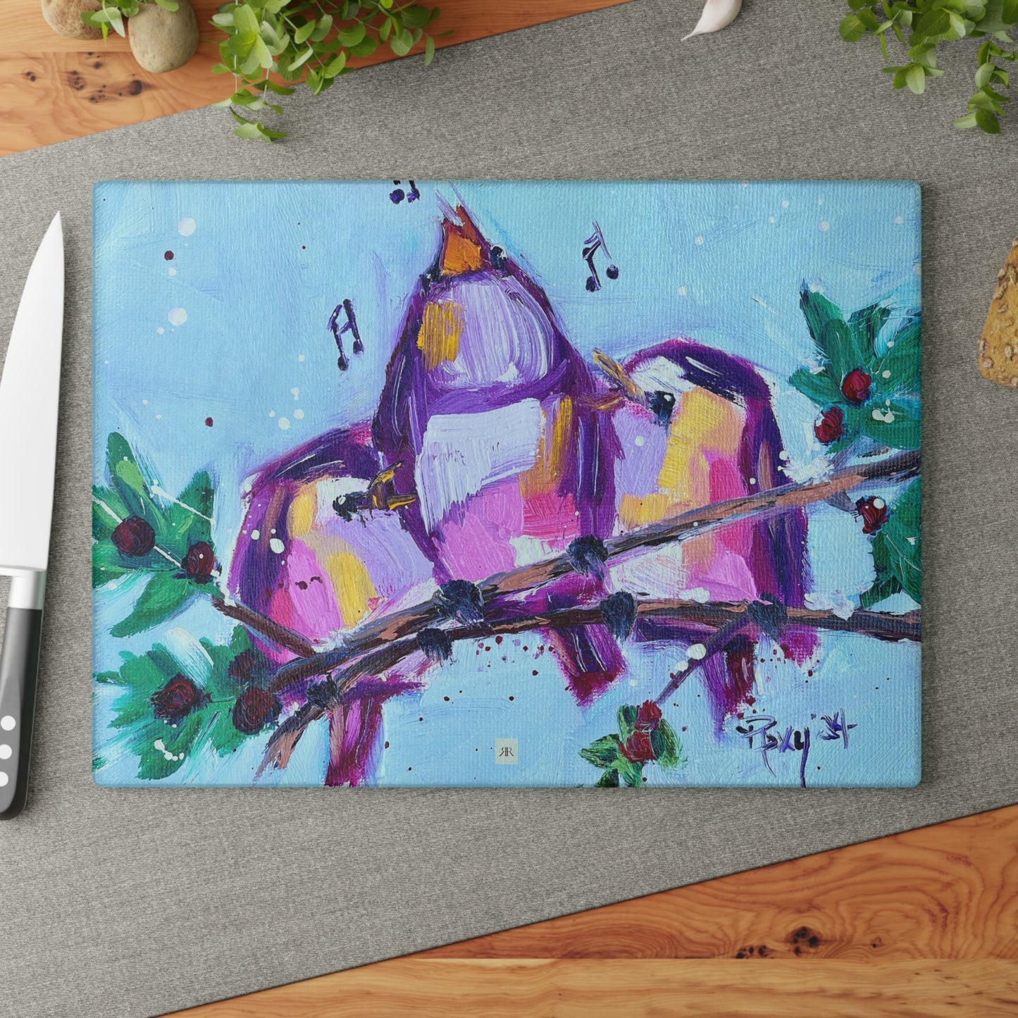 Glass Cutting Board-Fa La La-Whimsical Singing Birds Perched on a Snowy Branch with Berries