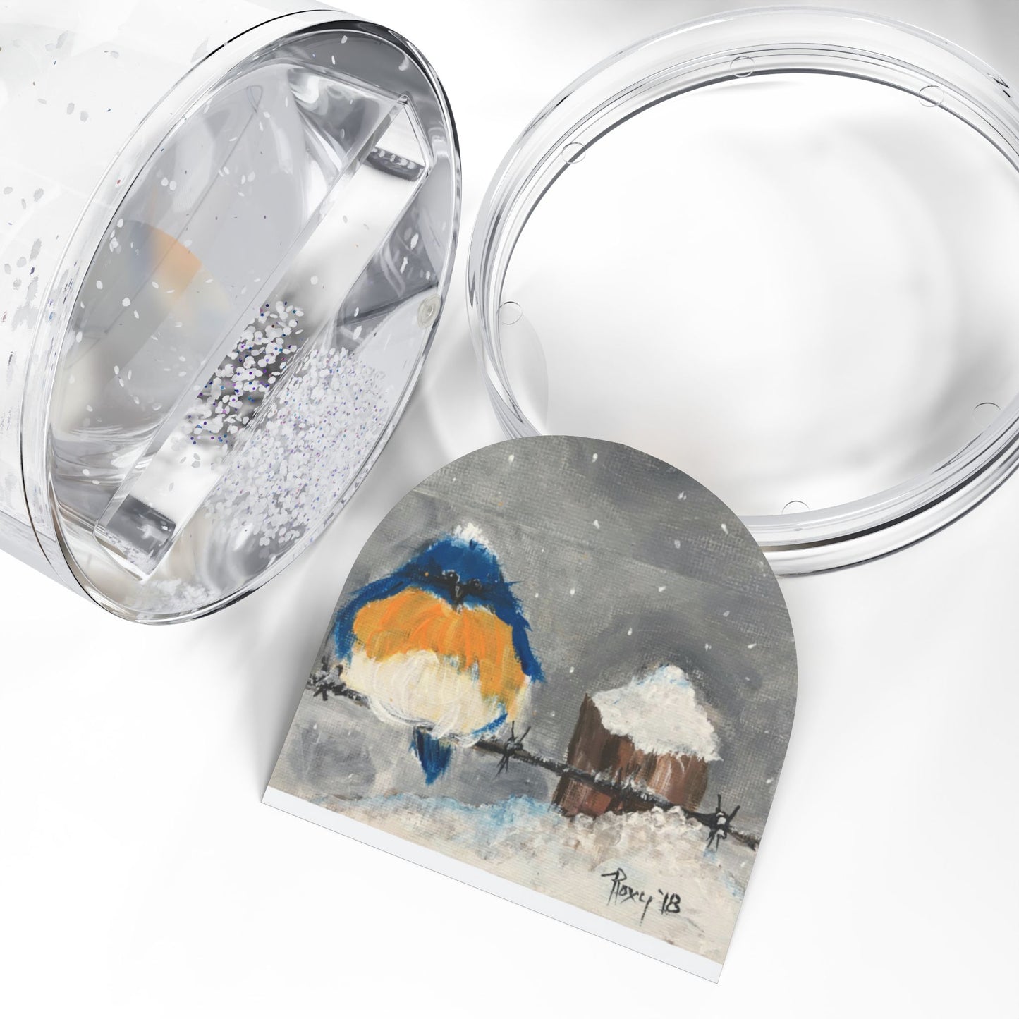 Snow Globe - Fluffy Fat Bluebird perched on Barbed Wire
